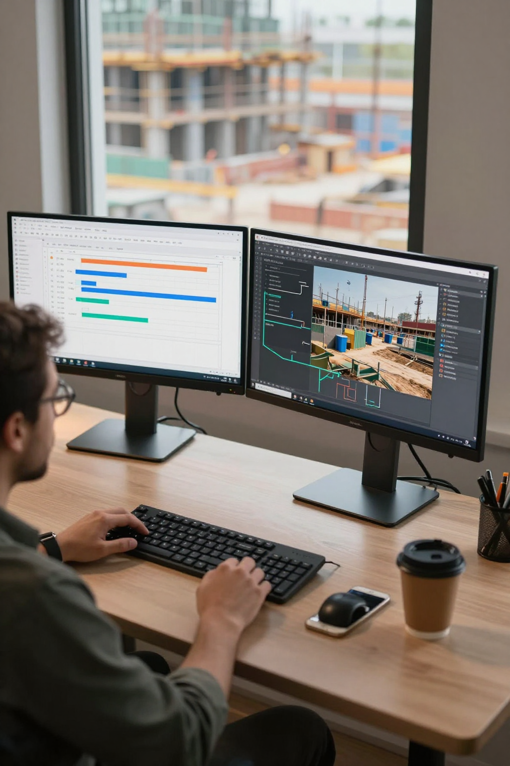 Project manager at a desk with multiple screens showing dashboards and timelines