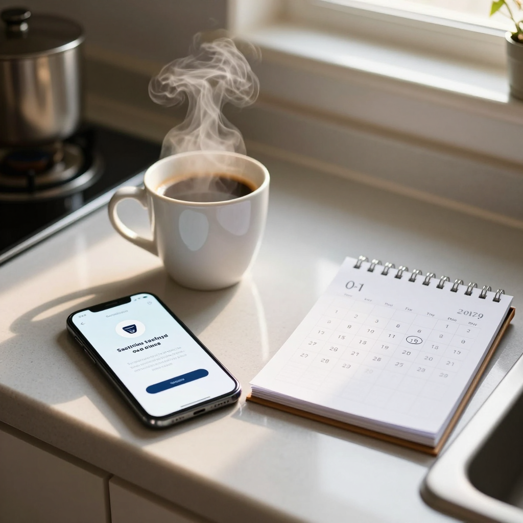 Clean booking interface on a tablet, warm kitchen in the background, calendar with available slots