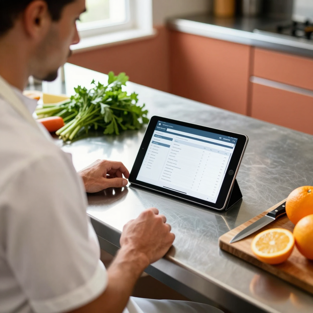 Chef in a warm kitchen, reviewing orders on a tablet, natural morning light