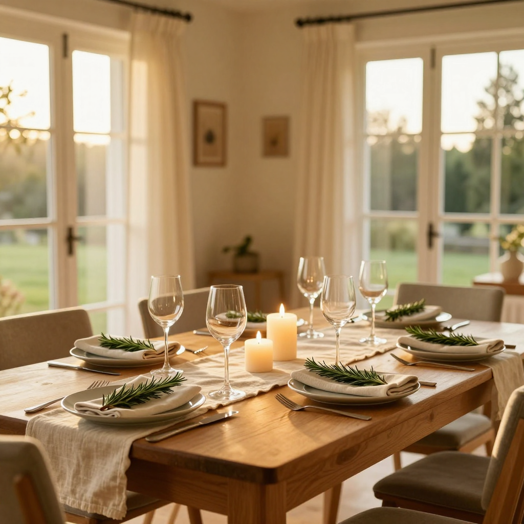 Elegant event dining setup, warm candlelight, place settings ready for guests
