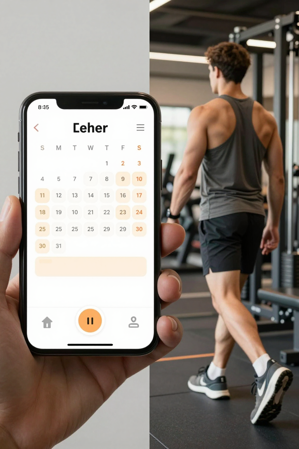 Split composition: smartphone with booking UI on one side, person walking into gym on the other