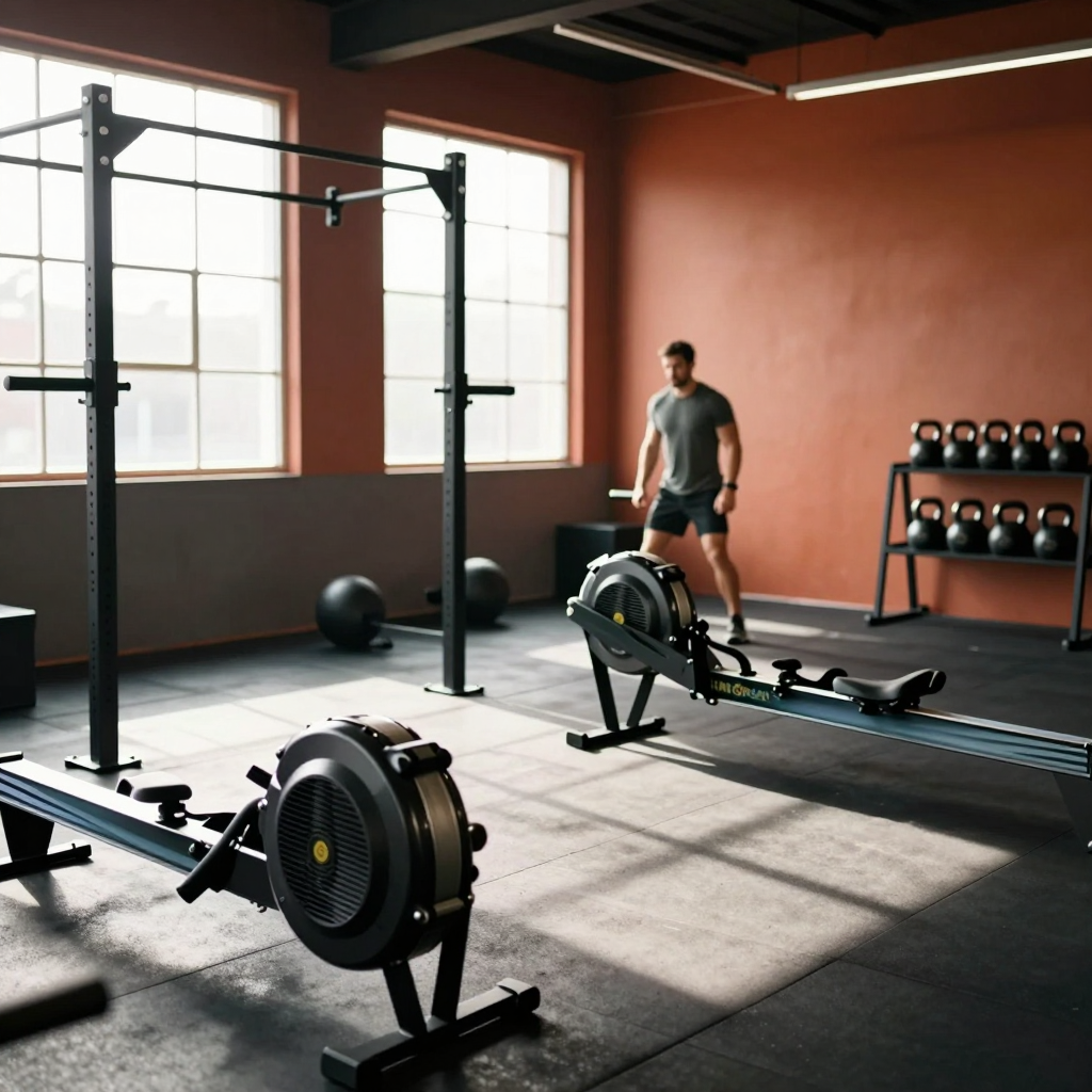 Sunlit functional fitness gym interior with rubber flooring, pull-up rig, and morning light